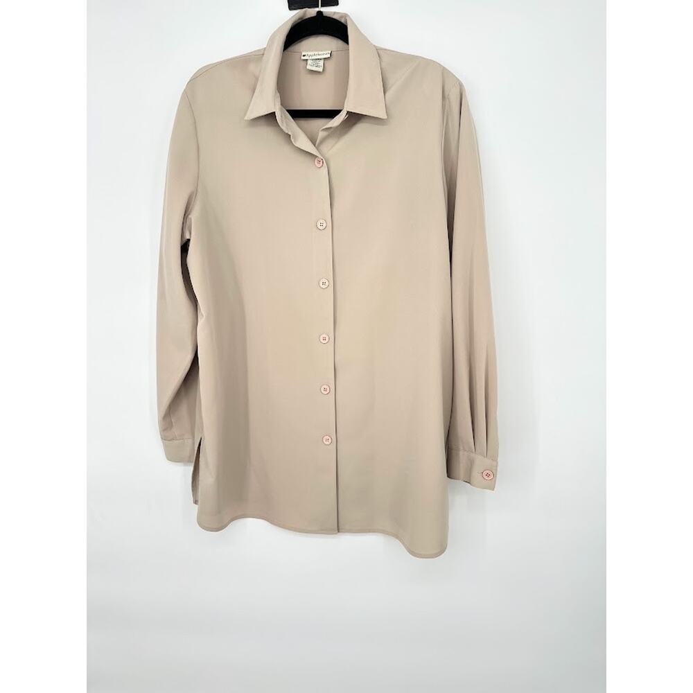 Appleseeds Wrinkle Free Womens 14W Tan Button Up Tunic Top Minimalist Career
